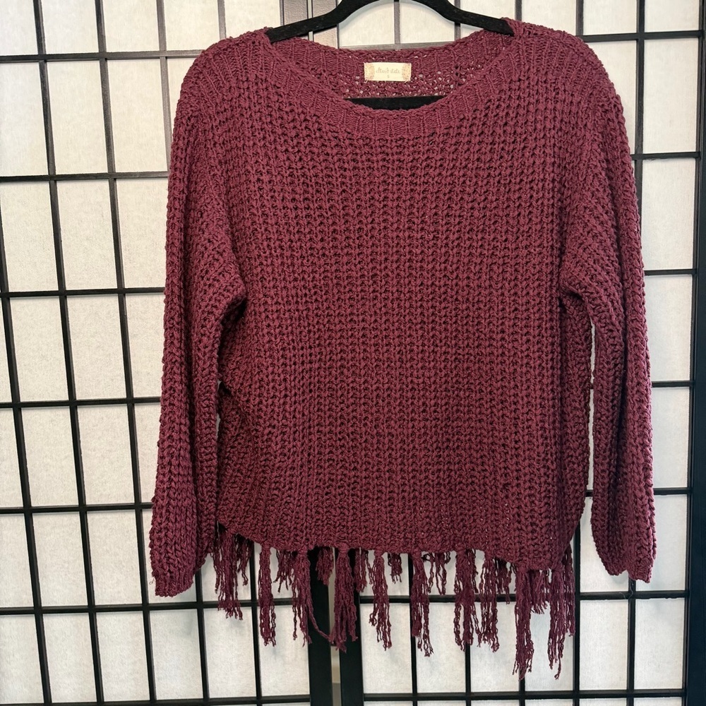 Altar'd State Maroon 1/4 Sleeve Fringed Sweater Small